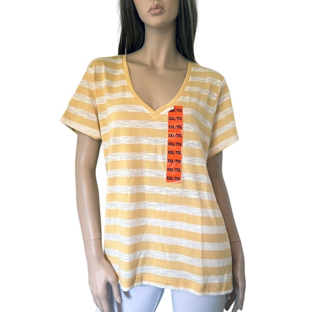 Nicole Miller Stripe Tee t-shirt Tank Top Yellow V-Neck Short Sleeve Hi Low NWOT